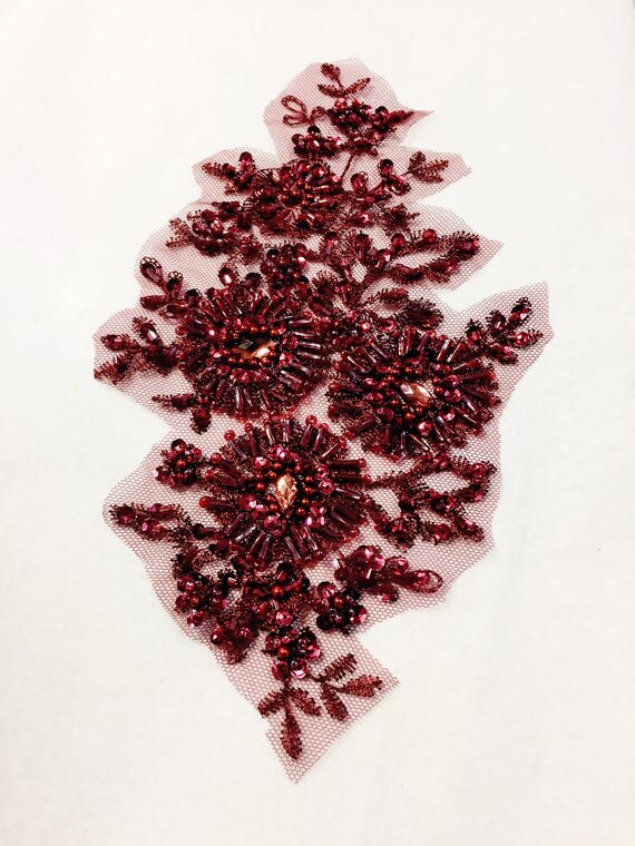 Burgundy/wine Beaded appliqué Lace for Dance costumes