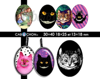 The Cheshire Cat • 45 Images Digitales OVALES 30x40 18x25 13x18 mm page cabochon bijoux alice wonderland chat cheshire mad here chapelier
