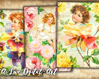 Digital download card making Flower Girls, digital collage sheet vintage ephemera, instant download gift tags printable images, scrapbooking