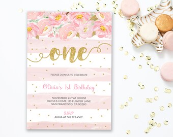 Floral Birthday Invitation, Floral 1st Birthday Invitation, Floral first birthday invitation, Pink and gold first birthday invitation