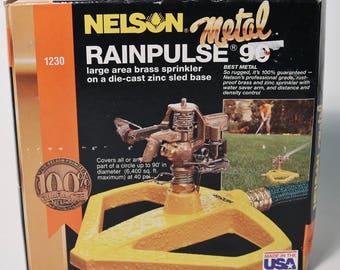 Vtg Metal Nelson Rainpulse 90 Lawn Sprinkler - Brass Head, 6400 Sq Ft New NOS