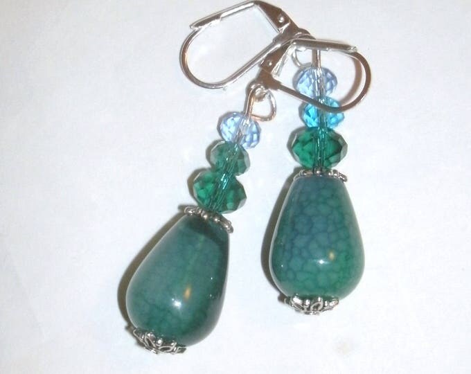 Teal Dragons Vein and Crystal Earrings, silver plated leverback wires, teal, blues, greens, handmade earrings, gift for her, agate & crystal