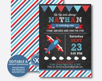 Instant Download, Editable Airplane Birthday Invitation, Airplane Invitation, Airplane Party Invite, Pilot Invitation, Chalkboard (CKB.93)