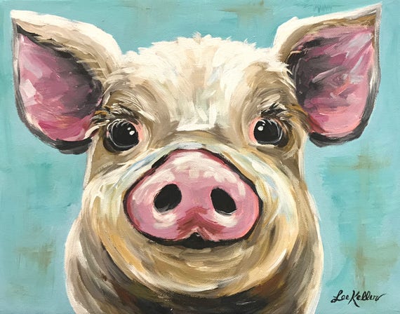 Pig art pig decor. Pig print from original Pig on canvas