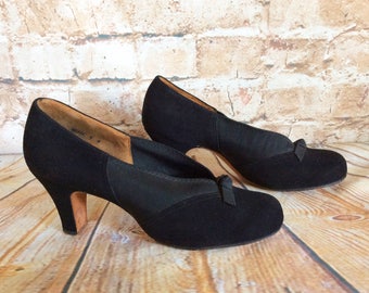 Vintage Novic Colorfit Shoes c 1940-50s Black Suede Elasticated Sides 3in Heel Size 4 UK