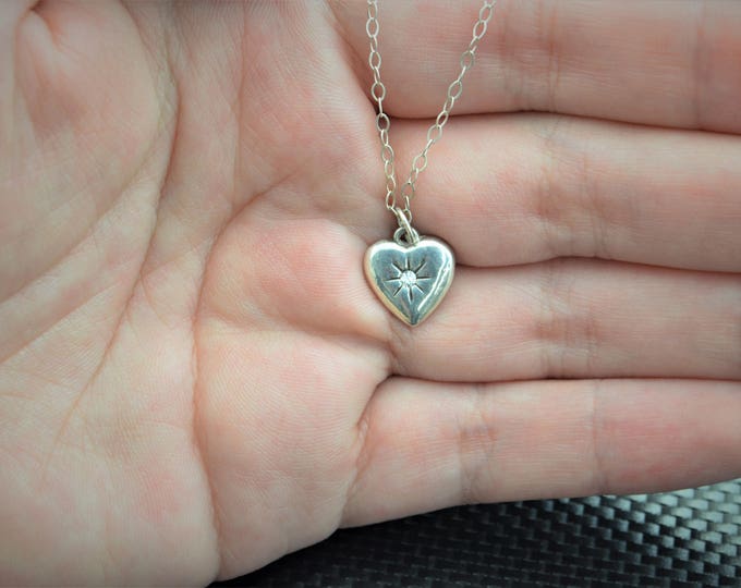 Diamond Mothers Necklace, Silver Heart Necklace, Diamond Necklace, Dainty Heart Necklace, Mothers Diamond Necklace, April Birthstone, April