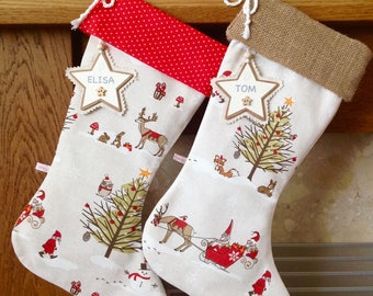 Woodland Christmas Stocking, Hessian Christmas Stocking, Personalised Christmas Stocking, Luxury Christmas Stocking