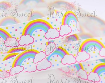 7/8" White/Rainbows Glitter Grosgrain Ribbon - 1 yd