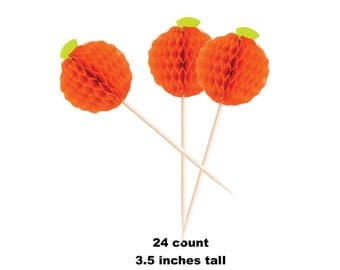 pumpkin cupcake toppers, Halloween decorations, party supplies, halloween honeycomb pumpkins, food picks, table decor, orange, tissue paper