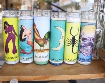 Mexican Bingo Lotería Prayer Candles, Mexican tarot cards, Prayer Candles, bingo fiesta party favor, Selena, mermaid, moon, skull Candle
