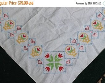 SALE Vintage White Cotton Tablecloth with Cross Stitched Tulips and Flower Baskets - 68" x 50"