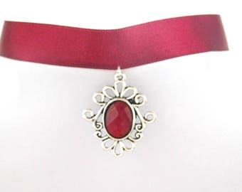 Gothic Blood Red Flower Cabochon Burgundy Red Choker Necklace