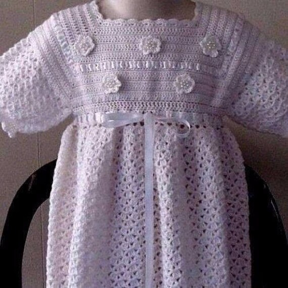 Baptism Christening Baby Girl Gown Crochet White Flowers Dress