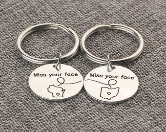 Custom Long Distance Keychain - State Disc Key Chain - Personalized Text Bar Key Ring - Miss Your Face - Couple Gift - Set of 2