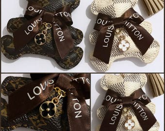 Made W/Upcycled LOUIS VUITTON Ribbon Bow on Monogram or Damier Canvas Teddy Bear Suede Tassel Keychain Bag Charm, Inspired LV or Coin Bear
