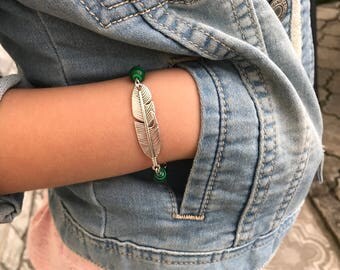 Feather bracelet Antique Silver feather jewelry silver feather unisex bracelet malachite bracelet feather charm jewelry feather