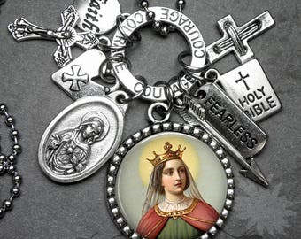 St. Ursula Picture Pendant and Multi Charm Necklace, Catholic Jewelry, Confirmation Gift, Patron Saint of Students & Teachers