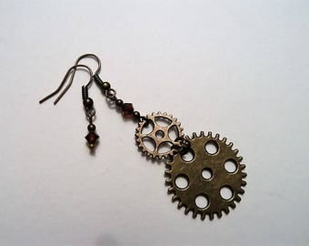 Asymmetric cogs with brown Swarovski crystals steampunk earrings