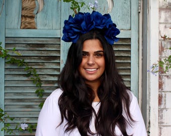 Classic Blue Flower Crown Headpiece - Frida Kahlo - Wedding - Burning Man - Goth - Day of the Dead - Sugar Skull - Coachella - Carnival