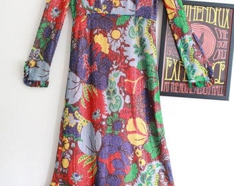 Vintage floral disco psychedelic Susan Small 70s metallic gypsy maxi dress M boho