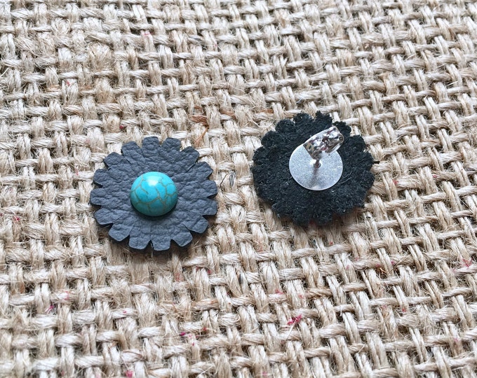 Leather Flower Studs, Leather Flower Posts, Flower Earrings, Leather Earrings, Black Leather Studs, Rivet Earrings, Flower Studs