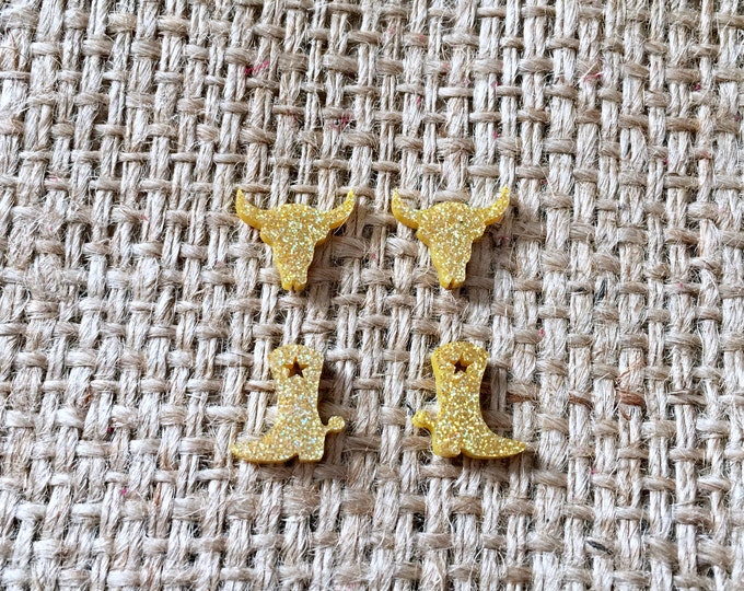 Rodeo Earring Set, Laser Cut Studs, Acrylic Earring Set, Cowboy Boot Studs, Gold Glitter Studs, Gold Cowgirl Studs, Rodeo Queen Studs