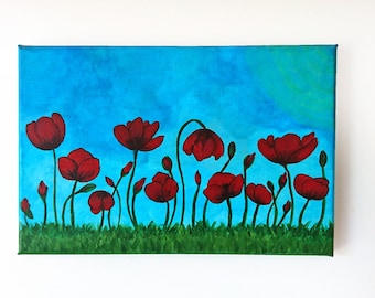 Poppies canvas, 20x30 cm canvas, Flowers painting, Acrylic poppies canvas, Red poppy painting, Acrylic nature painting, Poppies decor art