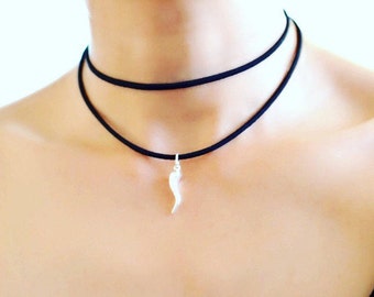 Double Wrap Faux Suede Leather Cord Choker Necklace, Sterling Silver Italian Horn Choker Necklace, Double Layer Choker Necklace