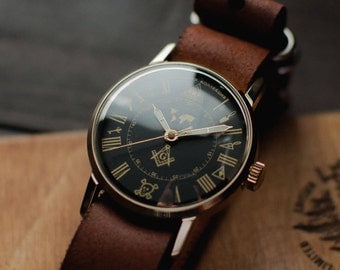 Mens soviet watch Zim - Masonic 1980 release, ussr watch, montre russe, watches men, gift for men, gent wrist watch, new leather strap NATO