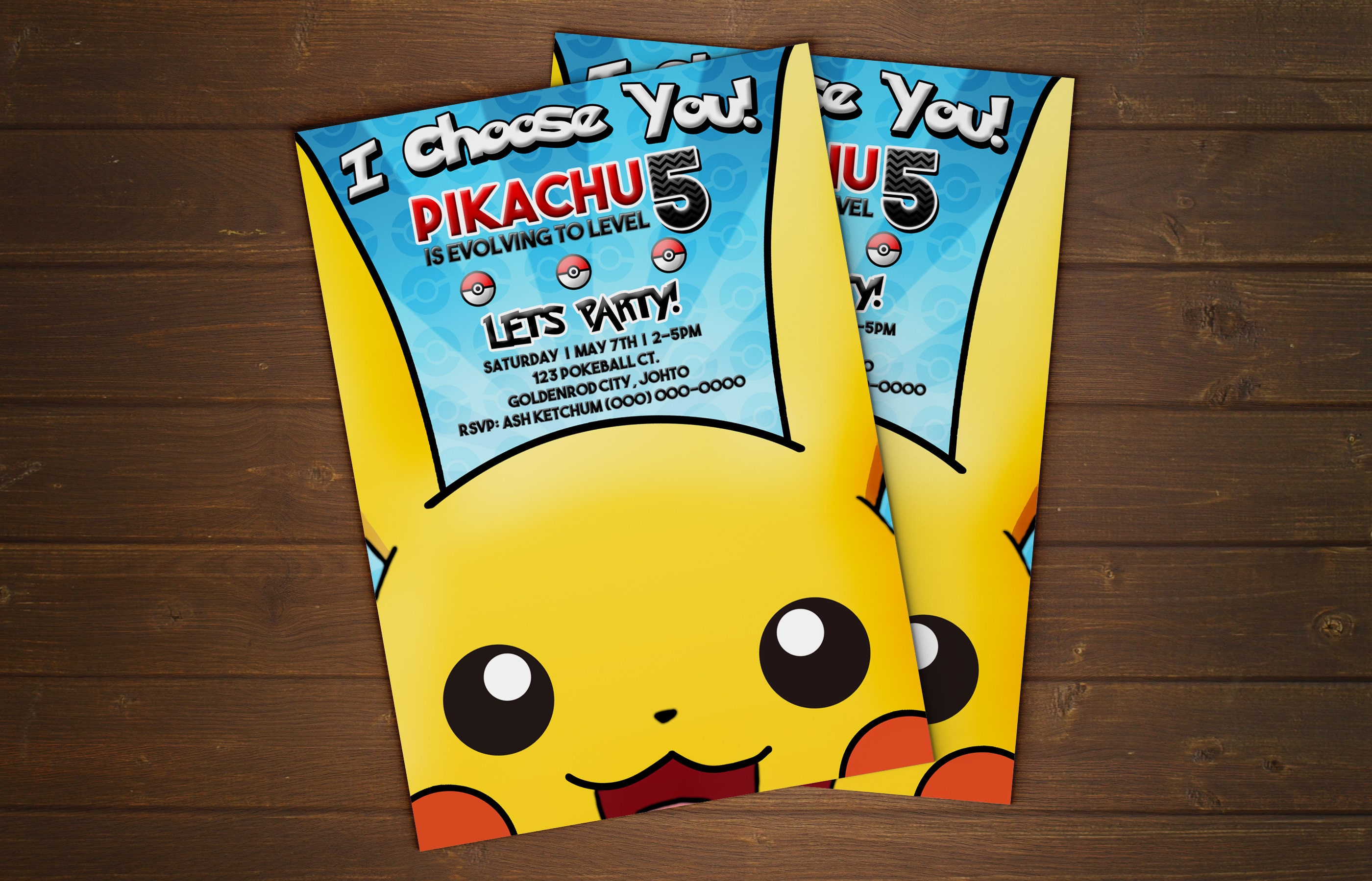 Custom Pikachu Pokemon Birthday Party Invitation Card 5x7