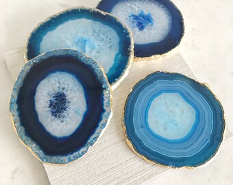 Blue agate coasters. Boho decor agate slice handmade with gold leaf edging. Bohemian home decoration. Price per coaster