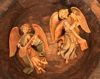 Vintage Depose Italy Pair of Fontanini Angels with Lyre & Mandolin | Wall Hangings | Chrismas or Religious Décor | 367, 368