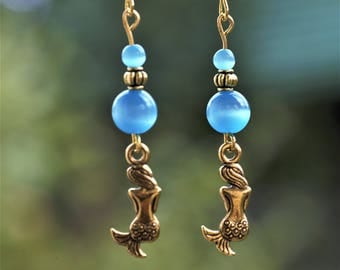 Mermaid Jewelry, Nymph jewelry, Gold Blue earrings, Cat eye Gold earrings, Blue Cat eye earrings, Mermaid earrings, Blue glass gold earrings