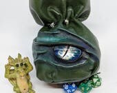 Leather Dice Bag  in Soft Black Green Leather. With a and painted Dragon eye for 80 dice.