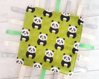 crinkle taggie - Baby Comforter - taggie blanket - cute panda - Waldorf sensory toy, minky lovey - security blanket - development taggy - UK
