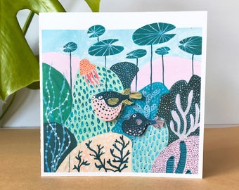 Pufferfish Greetings Card, 3D card, Birthday Card, Children's Card, Blank greetings card.