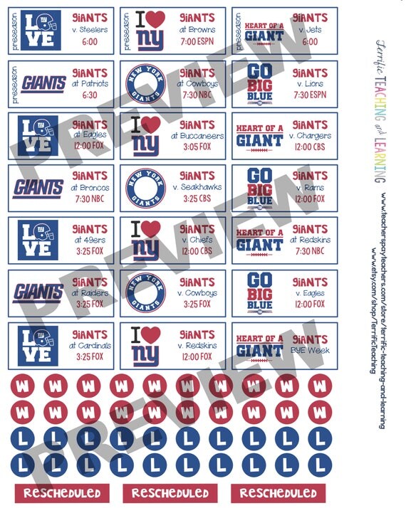 New York Giants 2017-2018 Season Schedule Stickers for Create