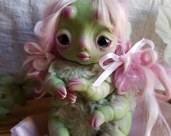 Wasabi caterpillar girl- caterpillar doll, art doll, ooak bug girl doll, strange doll, fairy doll, fae