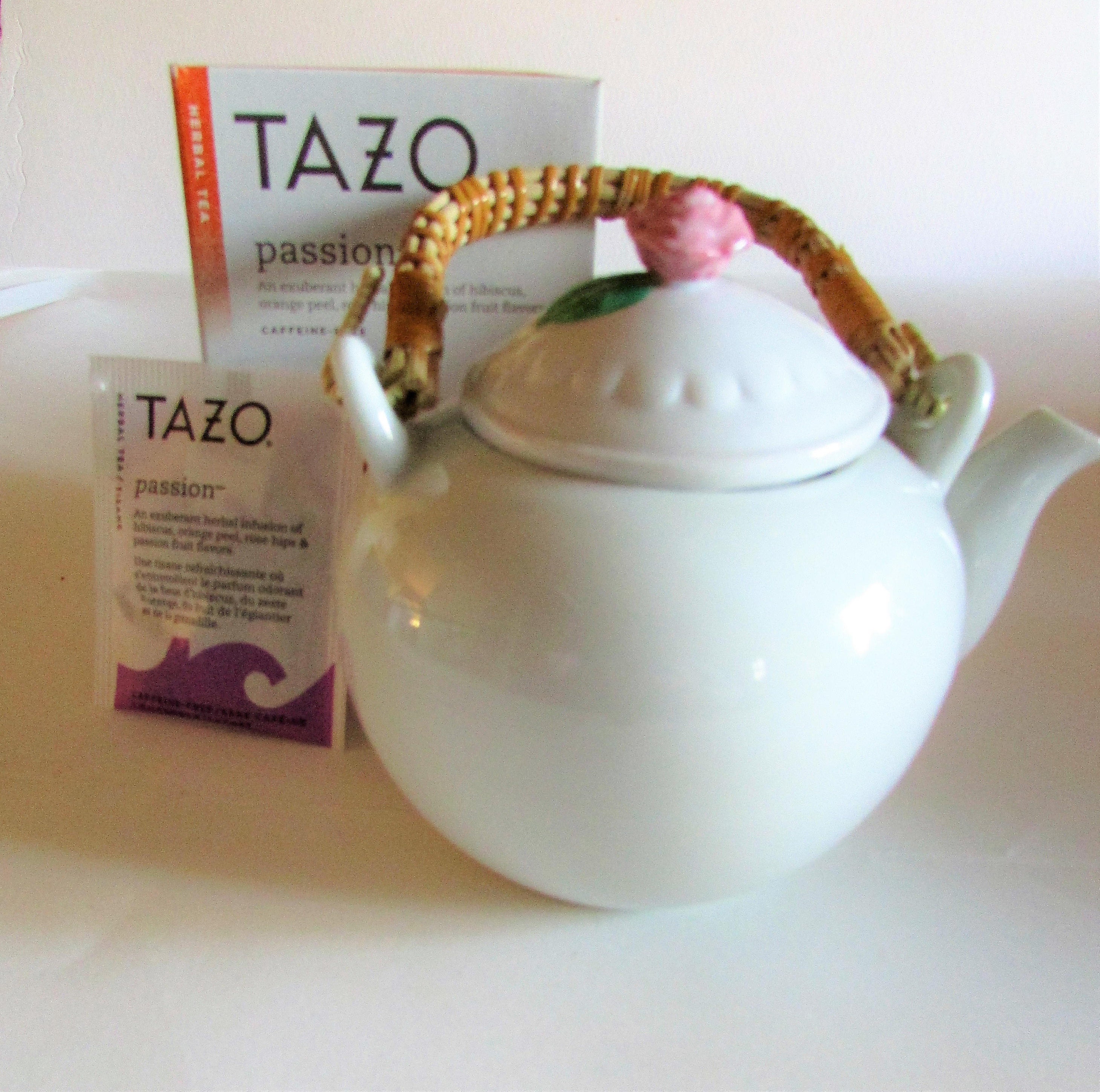 Sweet teapot rattan handle rose handle atop very cute for