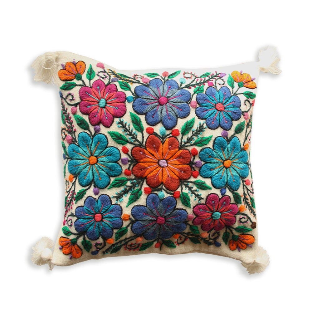 Floral pattern embroidered pillow. Floral design handcrafted