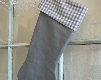 Gray Linen Stocking--Gray Check Cuff #29