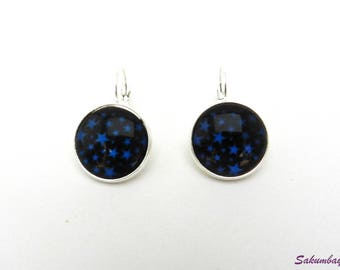 Earrings, cabochon, black, blue, stars