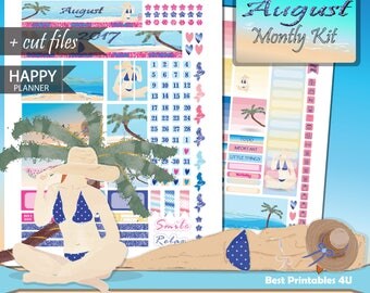 AUGUST monthly kit printable planner stickers, Happy Planner August Kit, August Monthly view, MAMBI Monthly Stickers, cutfiles HP-08