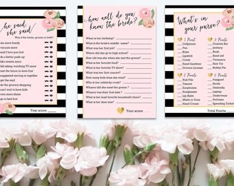 bridal shower game set// kate spade bridal shower// black white pink floral bridal shower