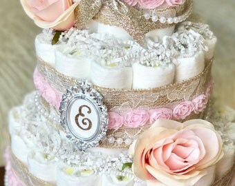 Shabby Chic Pink Gold Floral Diaper Cake Baby Girl Pearl Burlap Lace Rustic Vintage Feminine Shabby Chic Pink Gold Floral Diaper Cake Baby Girl Pearl Burlap Lace Rustic Vintage Feminine