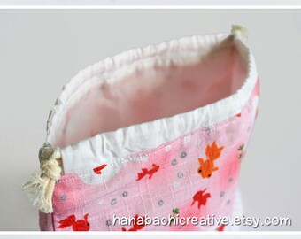 Drawstring Bento Bag made from Japanese cotton, pink and goldsifh, notions bag, accessory bag, pouch
