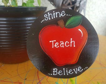 TEACHER APPLE Candy Jar / Cookie Jar, "Shine Teach Believe", Wood, Glass Counter Top Jar, Teacher, Principal, Teacher Assistant Gift Item