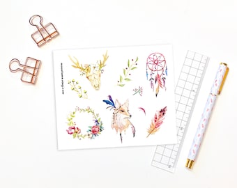 Decorative planner stickers - 9 watercolour boho stickers for bullet journals and planners, feather stickers, watercolor stickers