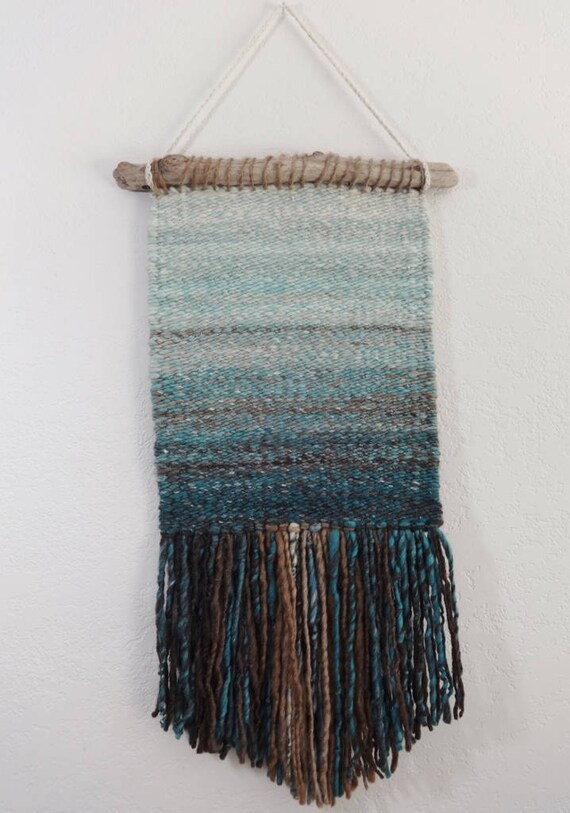 Ombre Shores Hand Woven Wall Hanging from Handspun Yarn aqua
