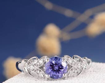 Antique Engagement Ring Tanzanite White Gold Wedding Ring Unique Milgrain Leaf Filigree Delicate Twig Flower Vine Anniversary Promise Bridal